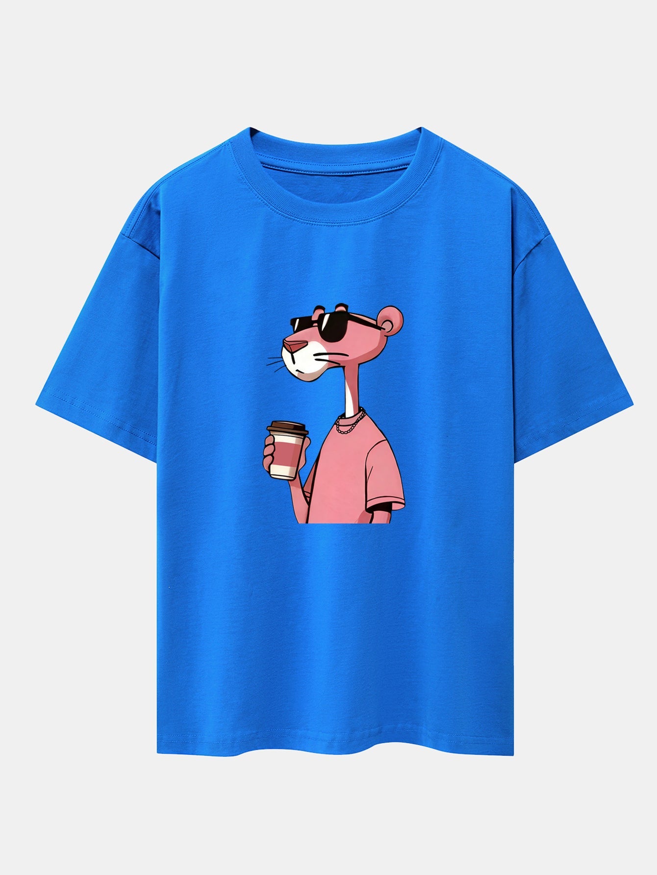 Pink Panther Drinking Coffee Print Drop Shoulder Oversize T-Shirt