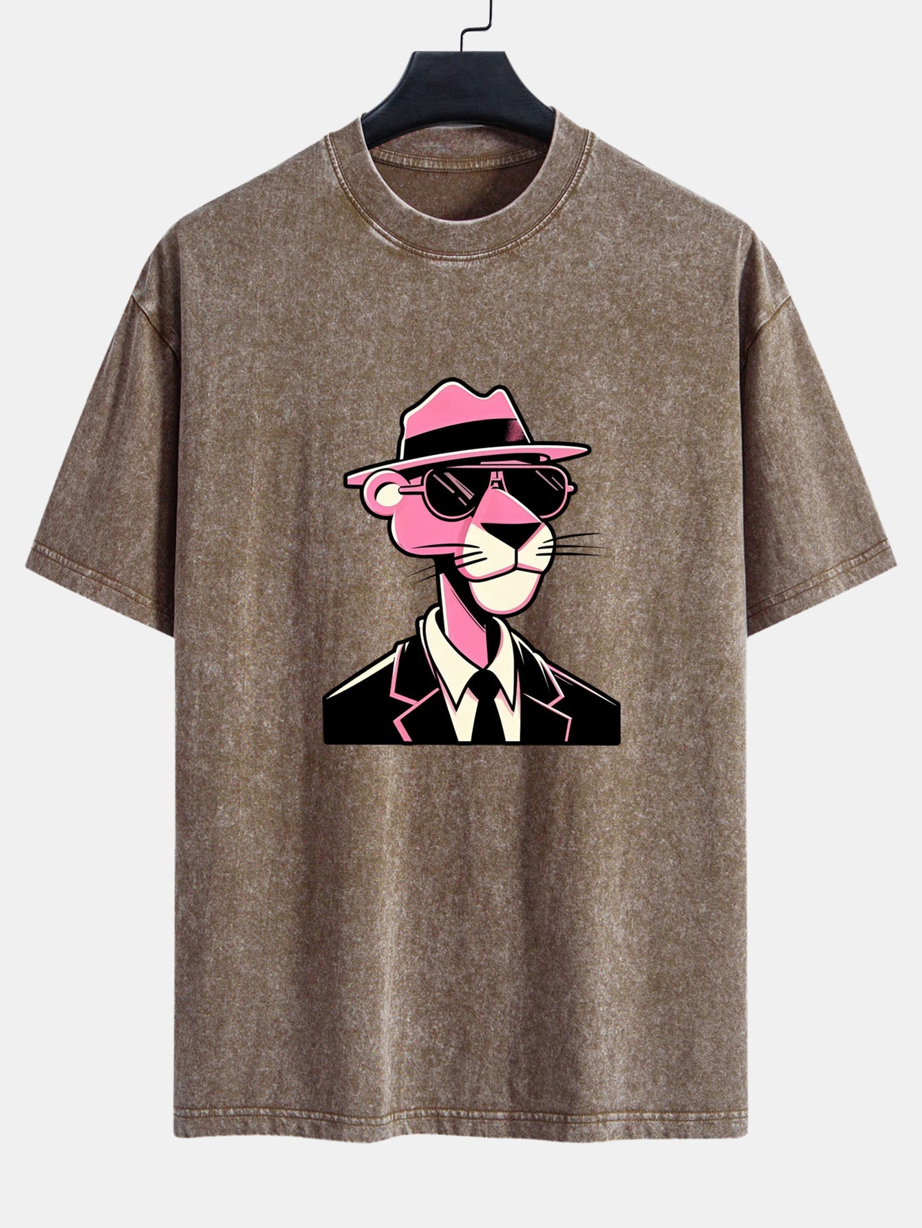 Pink Gentleman Panther Print Washed Distressed Drop Shoulder T-Shirt