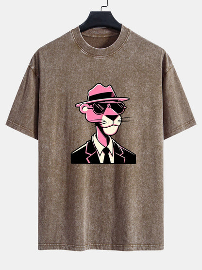 Pink Gentleman Panther Print Washed Distressed Drop Shoulder T-Shirt