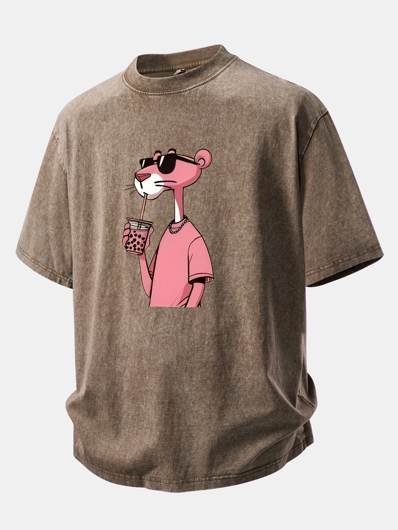 Pink Panther Print Washed Distressed Drop Shoulder T-Shirt