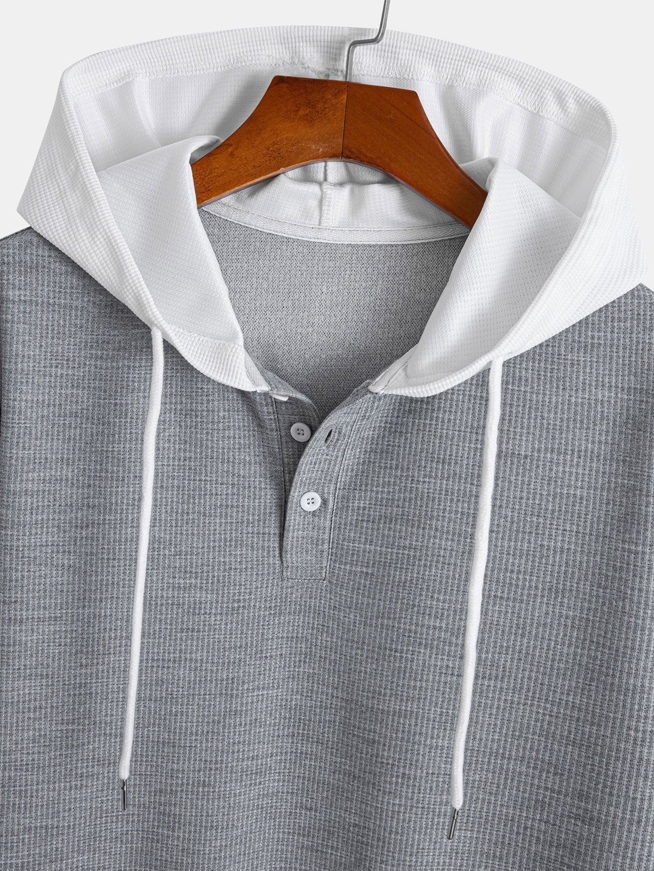 Contrast Button-Placket Waffle Hooded T-Shirt