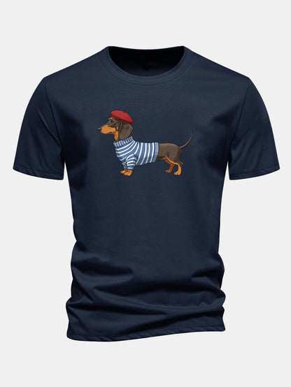 Regular Fit Dachshund Wearing Striped Sweater Print Cotton T-Shirt