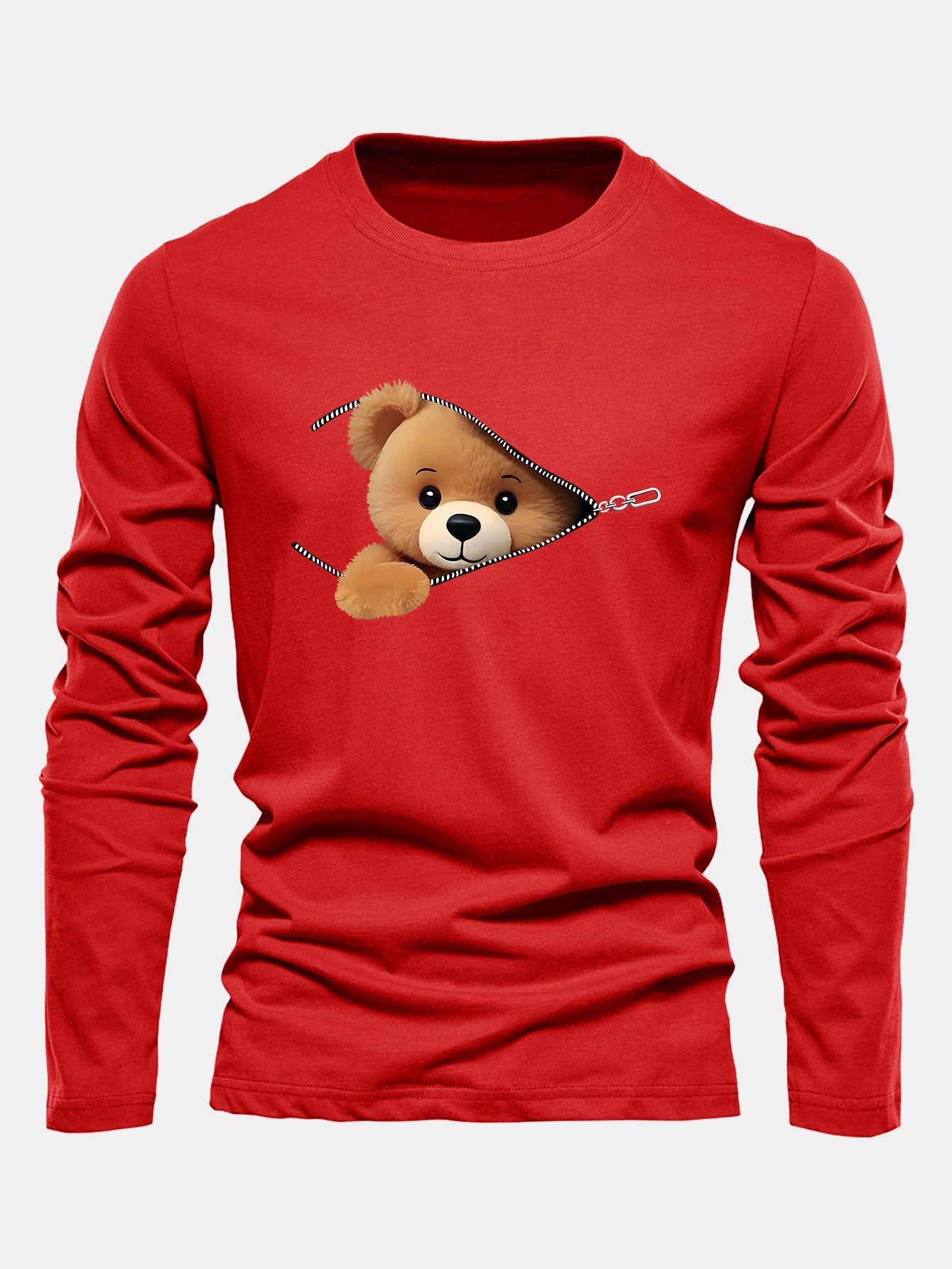 Long Sleeve Zipper Bear Print Cotton T-Shirt