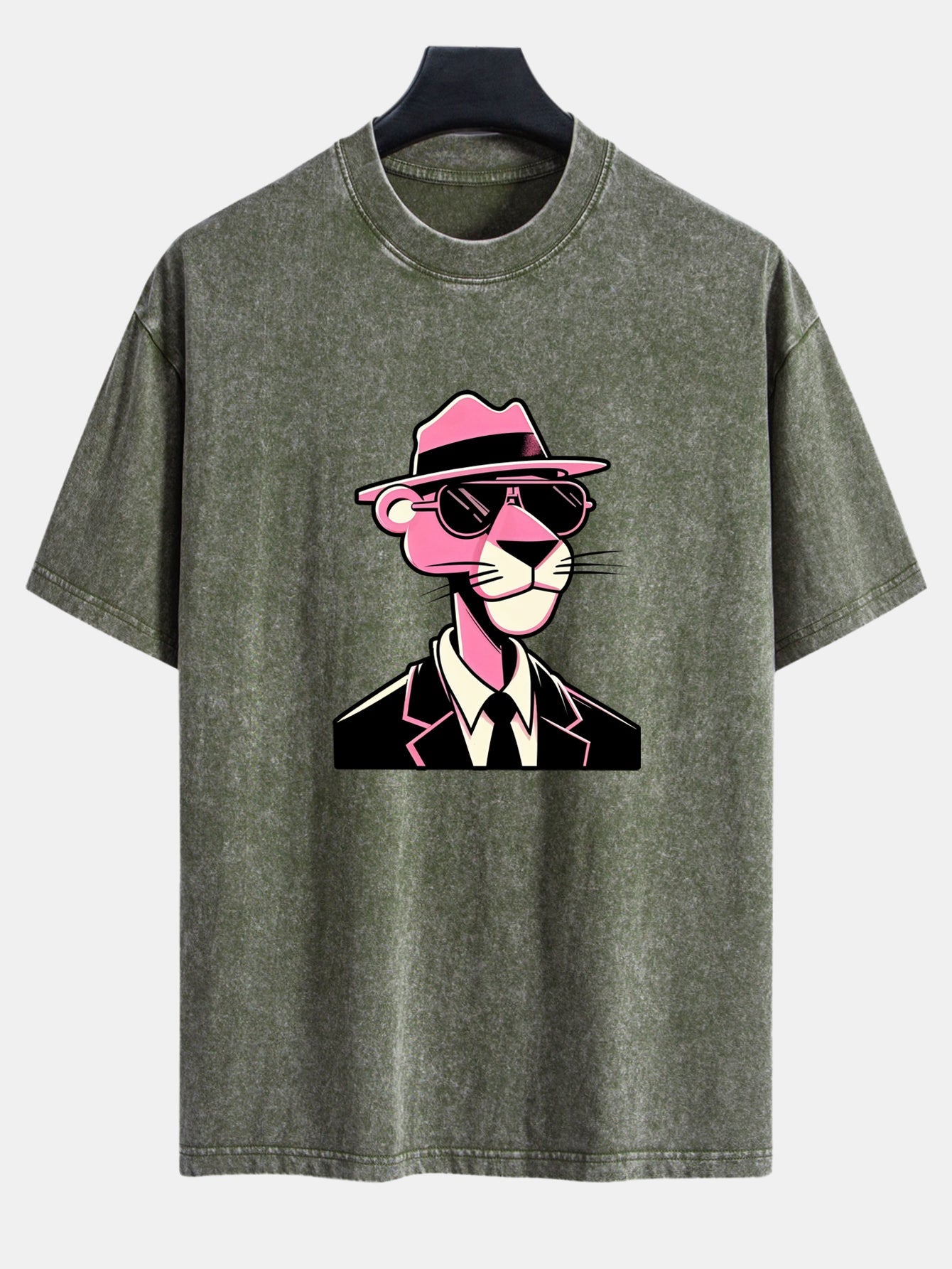 Pink Gentleman Panther Print Washed Distressed Drop Shoulder T-Shirt
