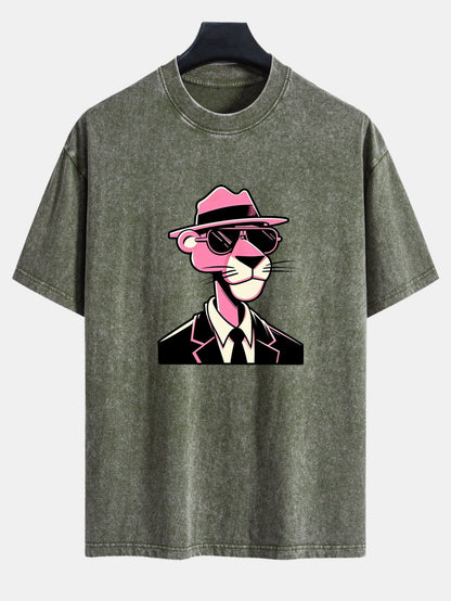 Pink Gentleman Panther Print Washed Distressed Drop Shoulder T-Shirt