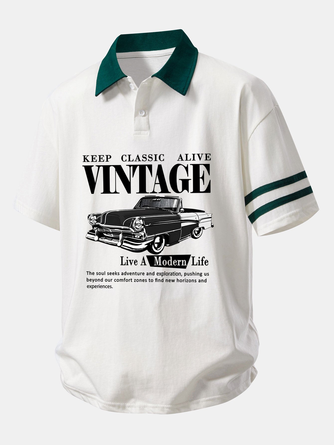 Relax Fit Vintage Car Print Contrast Collar Polo Shirt