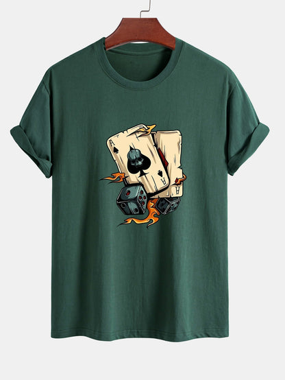 Regular Fit Dice Playing Cards Print Cotton T-Shirt