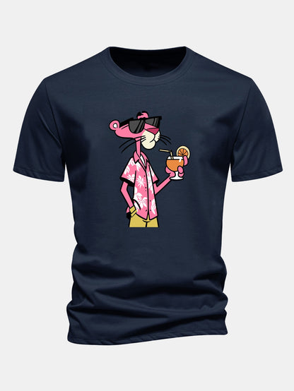 Regular Fit Vacation Pink Panther Print Cotton T-Shirt