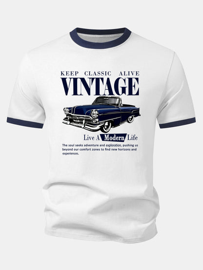 Vintage Car Print Contrast Ringer T-Shirt