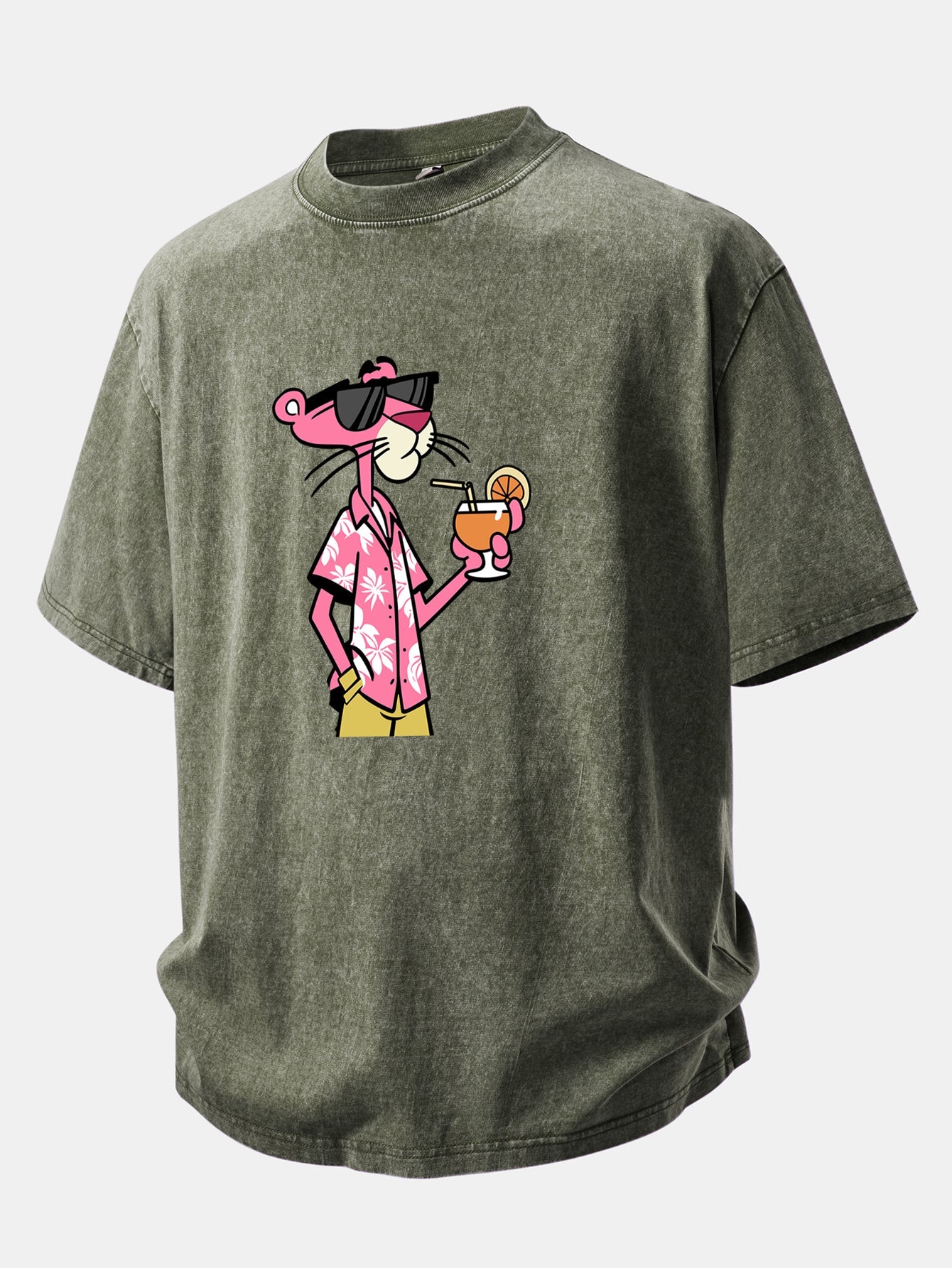 Vacation Pink Panther Print Washed Distressed Drop Shoulder T-Shirt