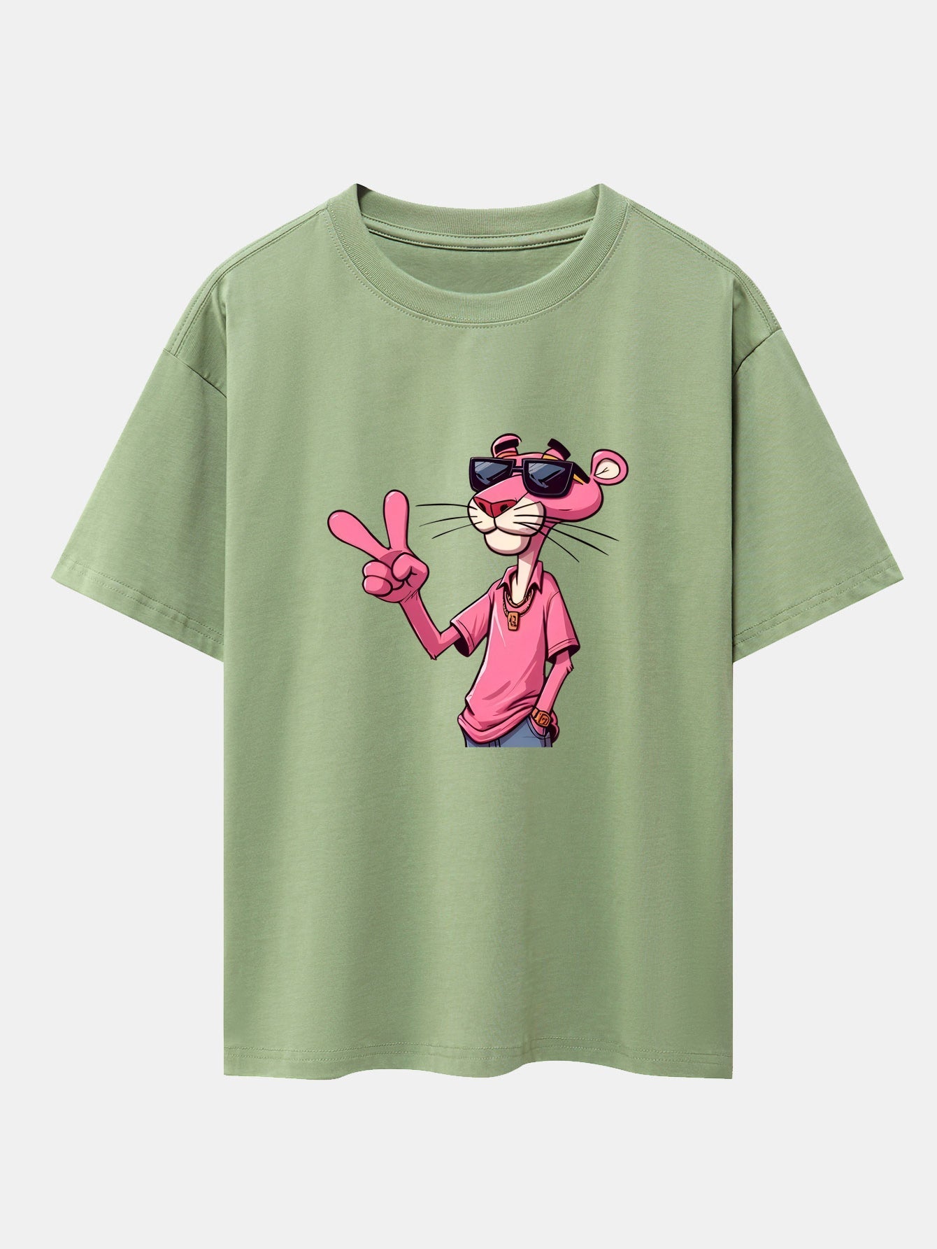 Pink Panther With V Sign Print Drop Shoulder Oversize T-Shirt