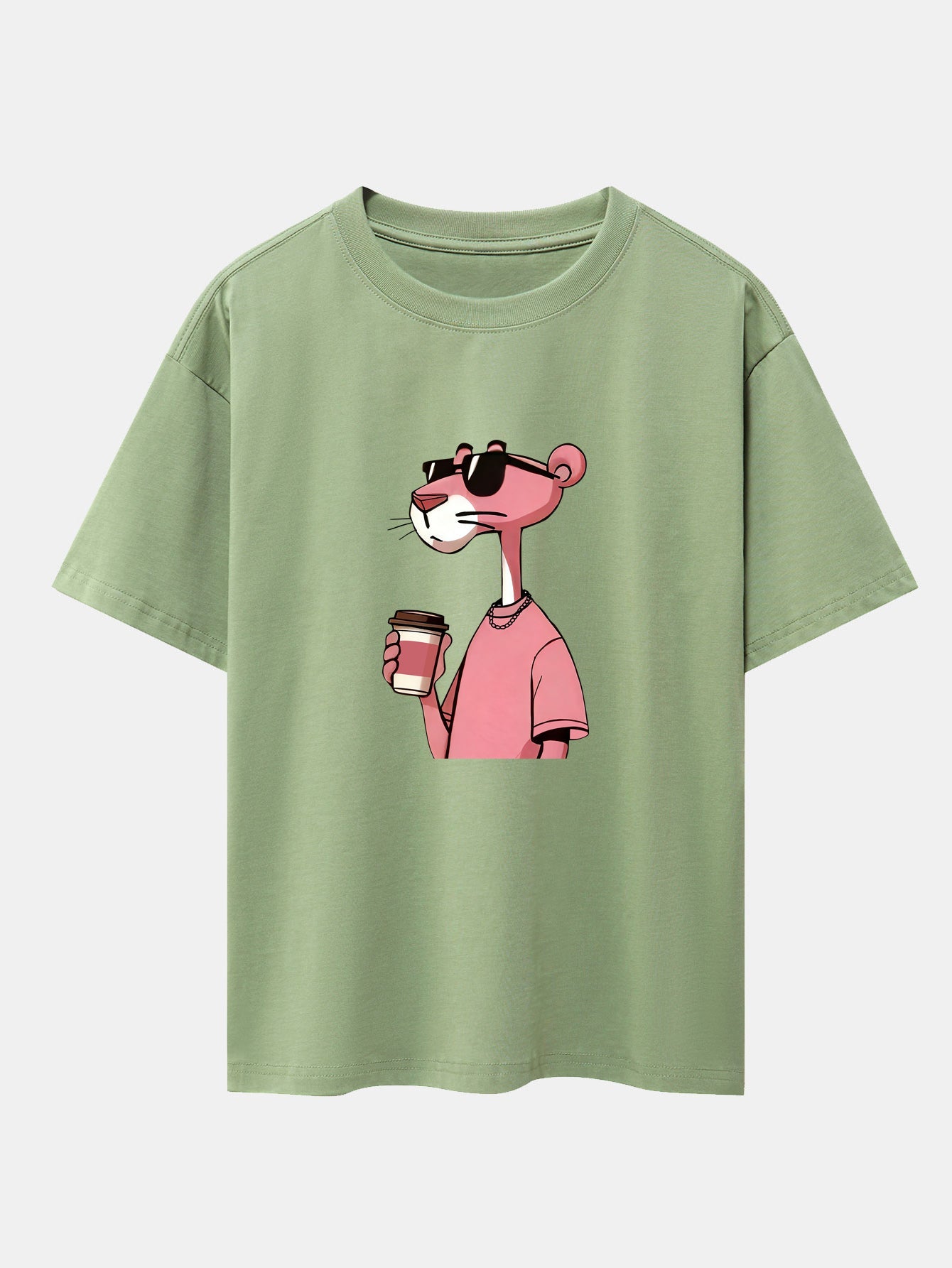 Pink Panther Drinking Coffee Print Drop Shoulder Oversize T-Shirt