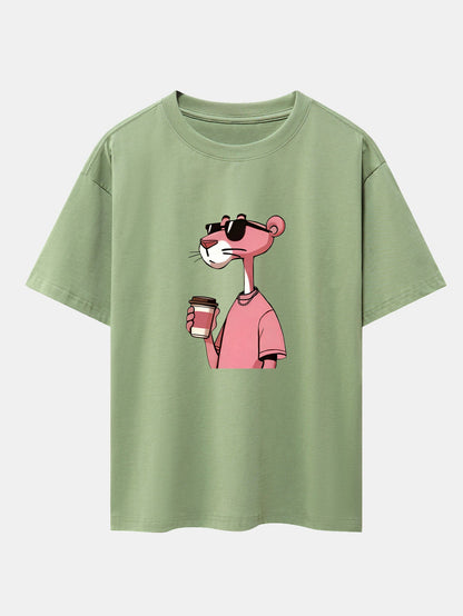 Pink Panther Drinking Coffee Print Drop Shoulder Oversize T-Shirt