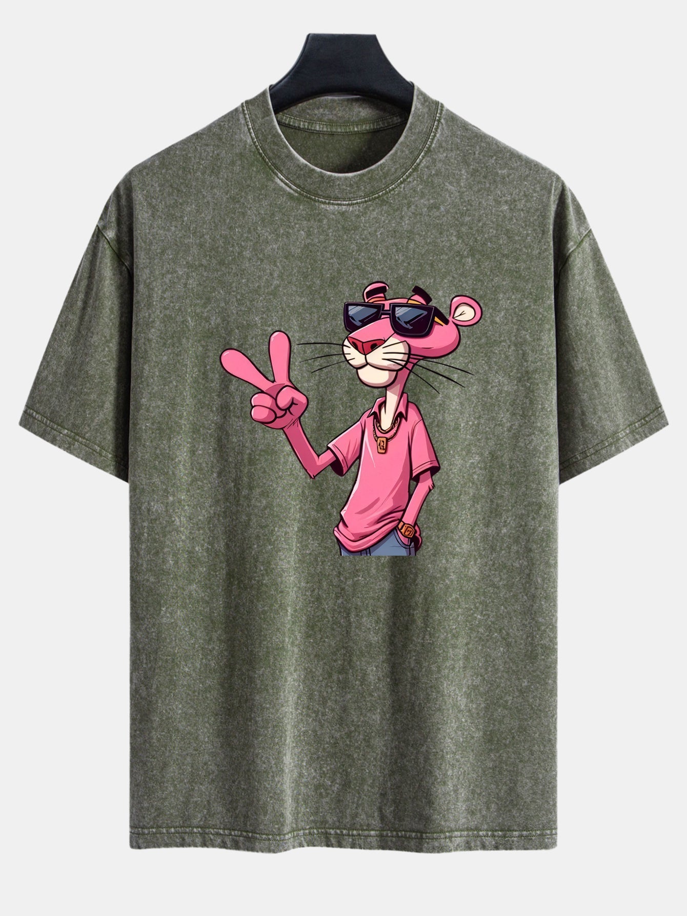 Pink Panther With V Sign Print Washed Distressed Drop Shoulder T-Shirt