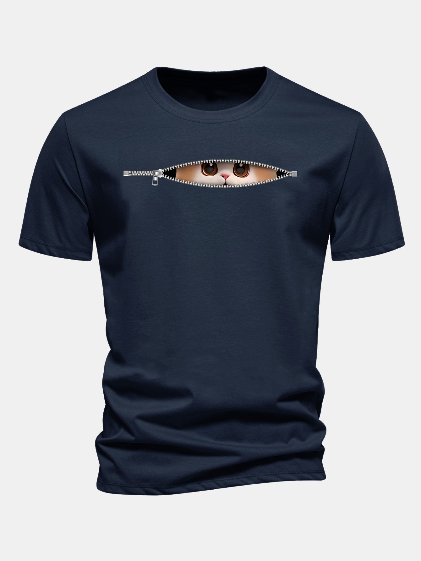 Regular Fit Zipper Cat Print Cotton T-Shirt