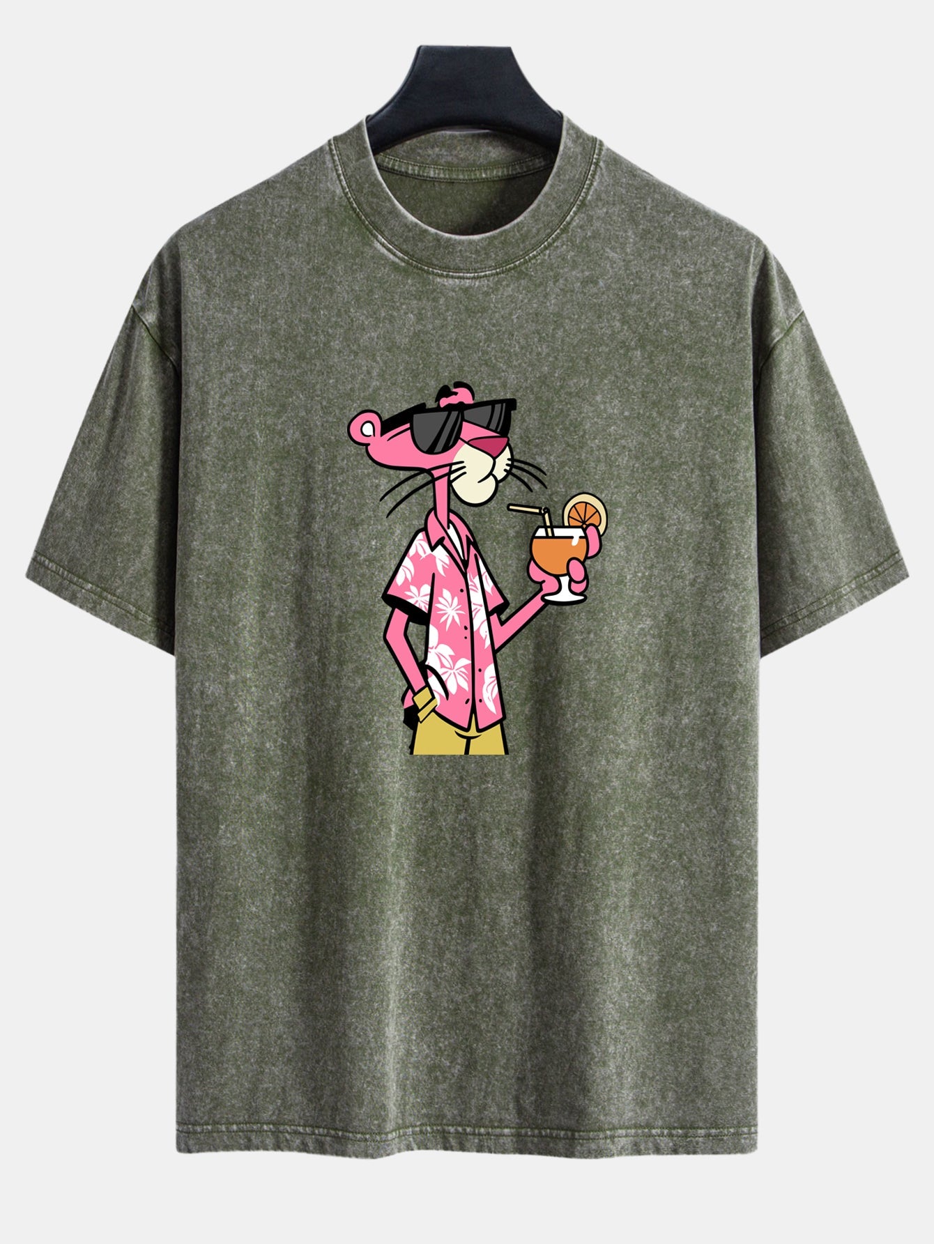 Vacation Pink Panther Print Washed Distressed Drop Shoulder T-Shirt