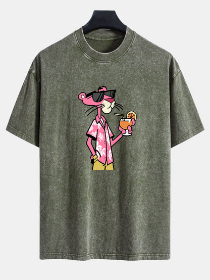 Vacation Pink Panther Print Washed Distressed Drop Shoulder T-Shirt