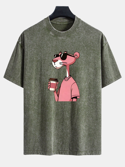 Pink Panther Drinking Coffee Print Washed Distressed Drop Shoulder T-Shirt