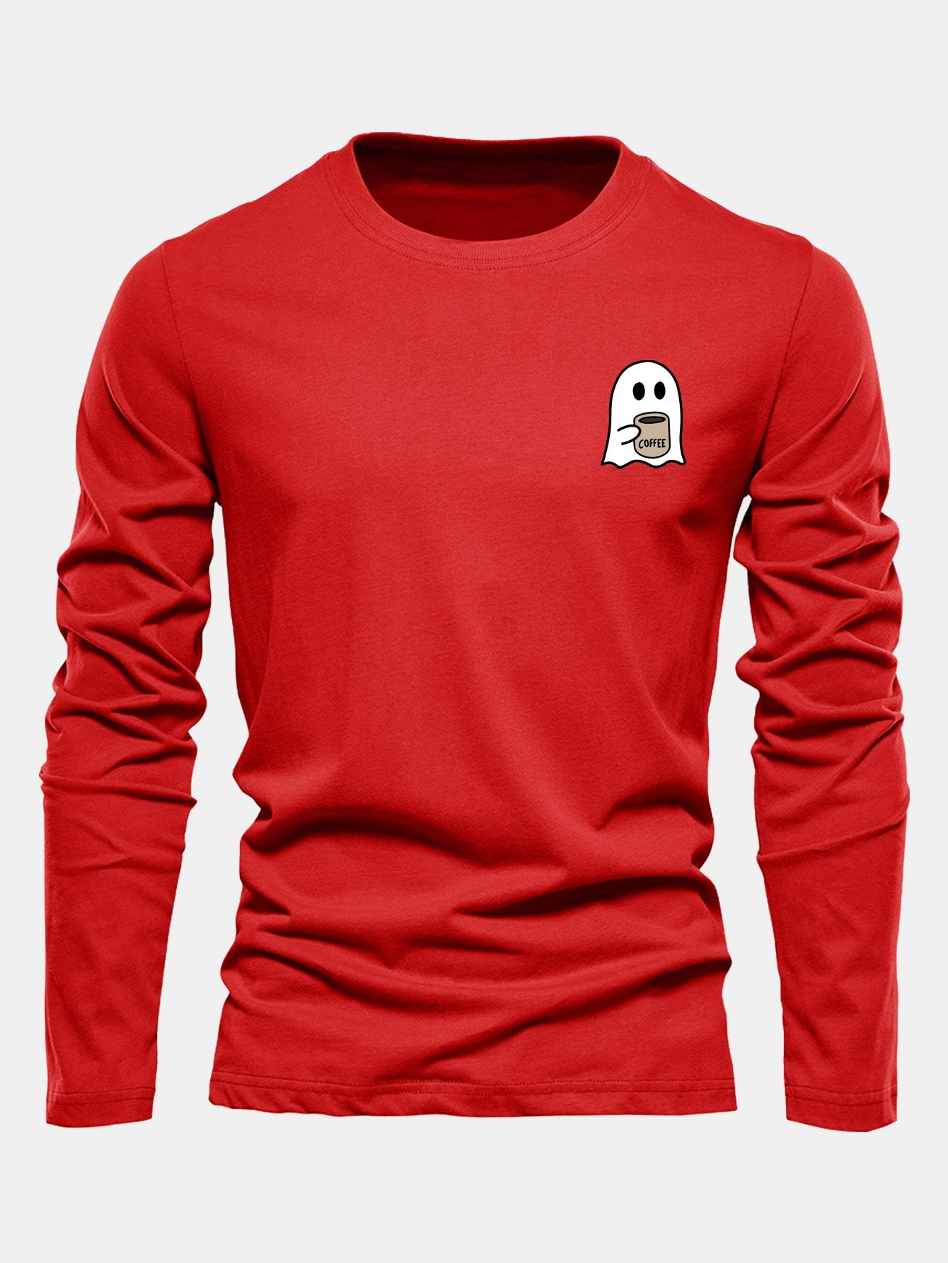 Long Sleeve Ghost Drinking Coffee Print Cotton T-Shirt