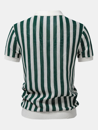 Stripe Johnny Collar Open Knit Polo