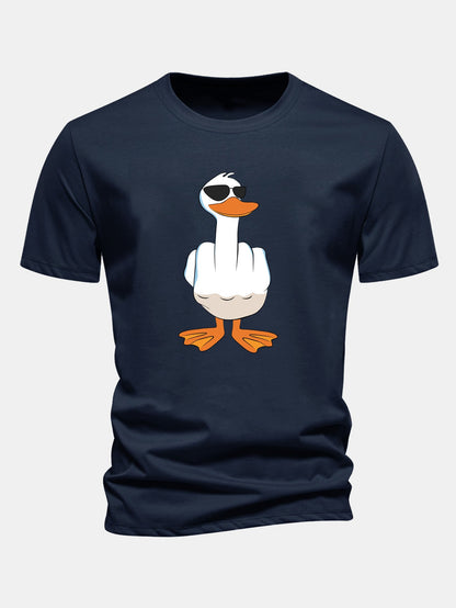 Regular Fit Funny Middle Finger Duck Print Cotton T-Shirt