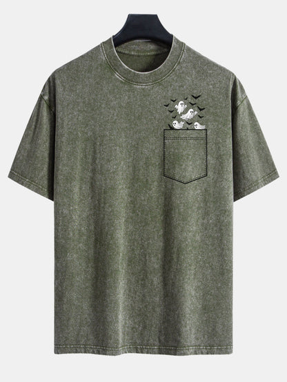 Pocket Bat Ghost Print Washed Distressed Drop Shoulder T-Shirt