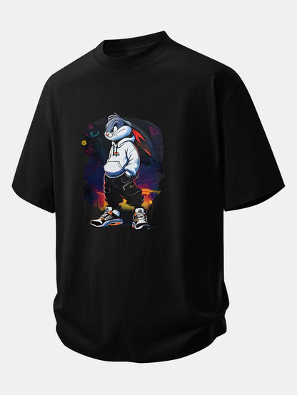 Relax Fit Cartoon Rabbit Print Cotton T-Shirt