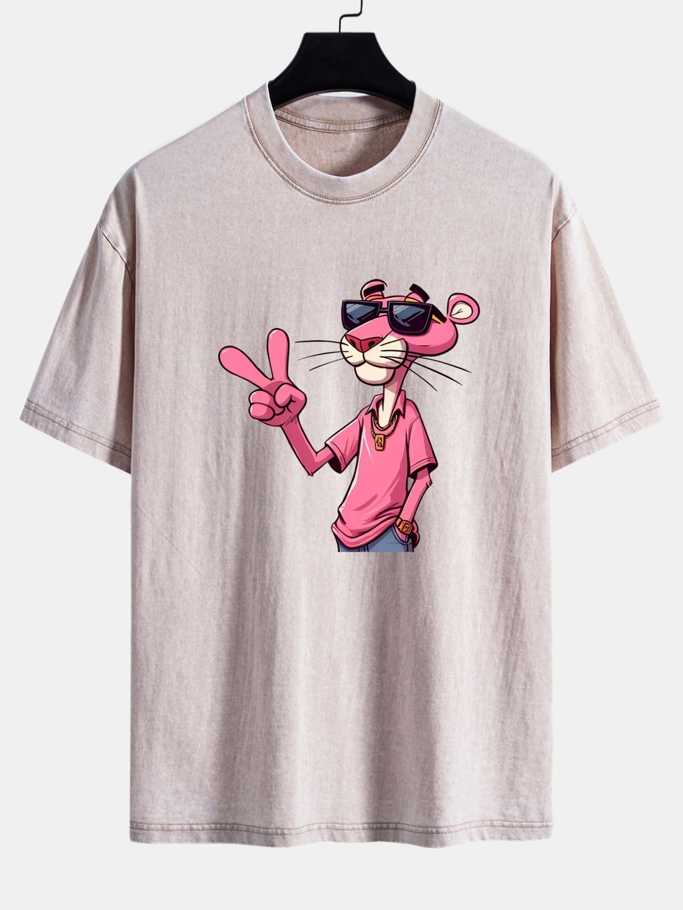 Pink Panther With V Sign Print Washed Distressed Drop Shoulder T-Shirt