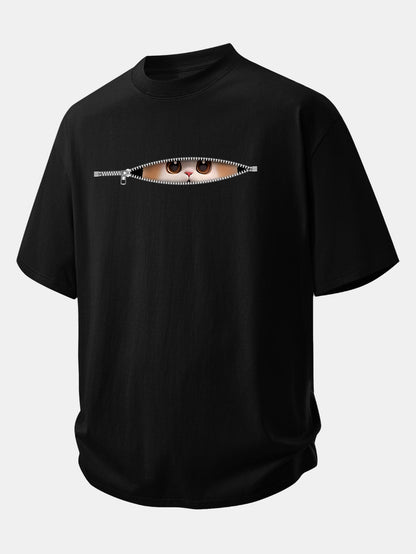 Relax Fit Zipper Cat Print Cotton T-Shirt