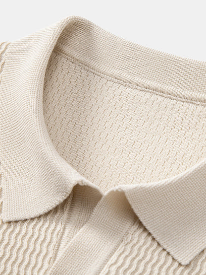 Wave Jacquard Knit V Neck Polo Shirt