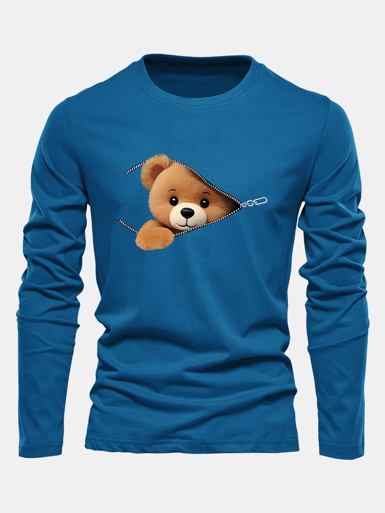 Long Sleeve Zipper Bear Print Cotton T-Shirt