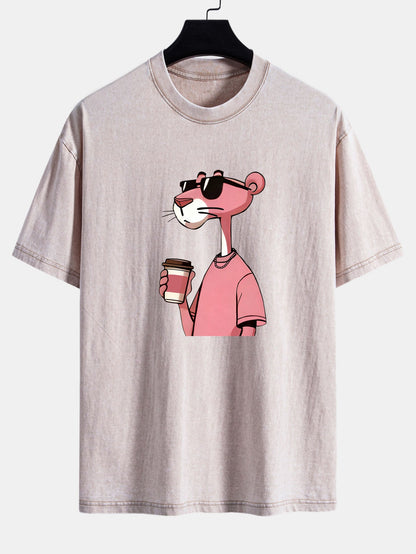 Pink Panther Drinking Coffee Print Washed Distressed Drop Shoulder T-Shirt