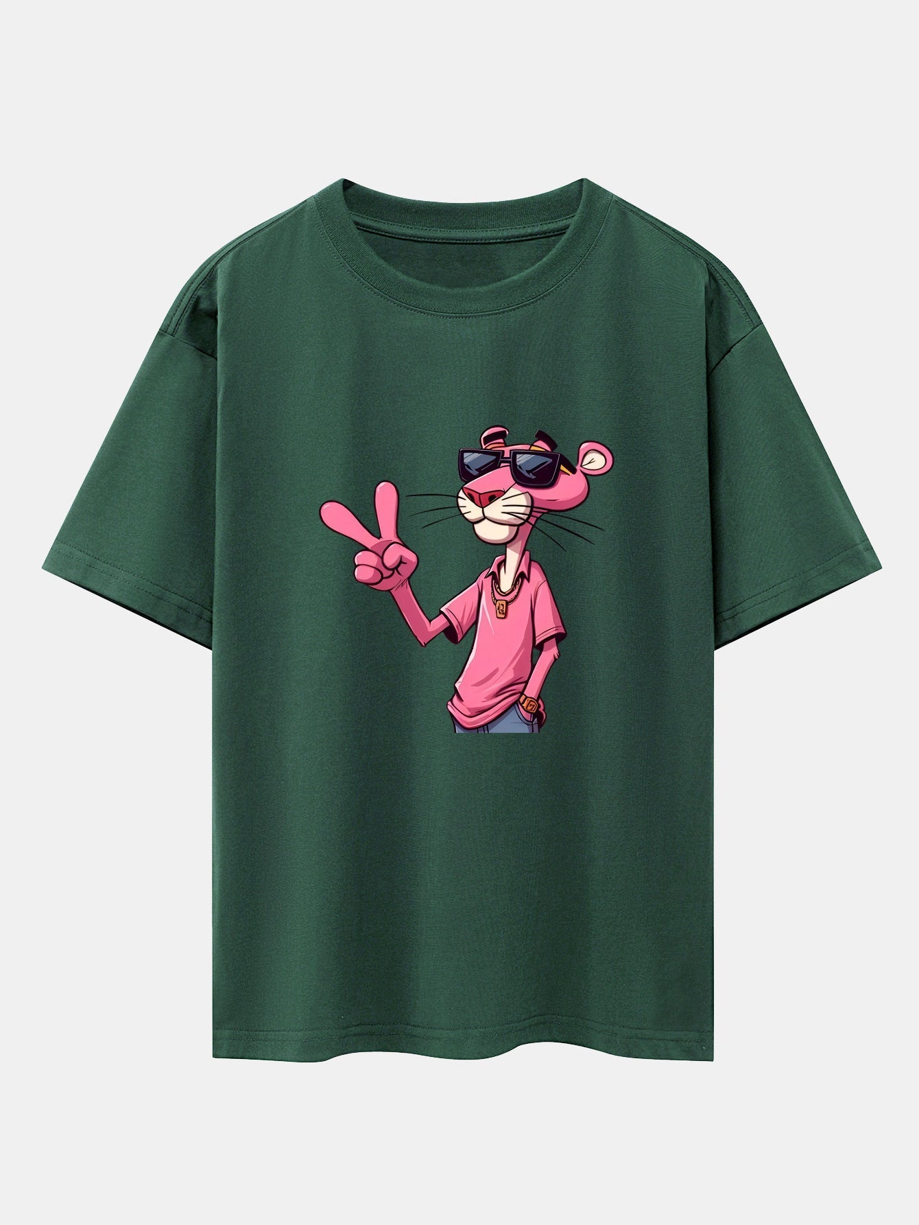 Pink Panther With V Sign Print Drop Shoulder Oversize T-Shirt