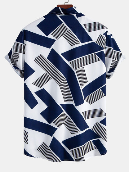 Color Block Geometry Print Button Up Shirt