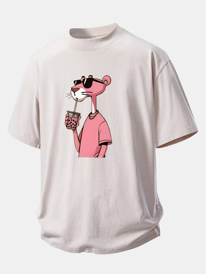 Pink Panther Print Washed Distressed Drop Shoulder T-Shirt