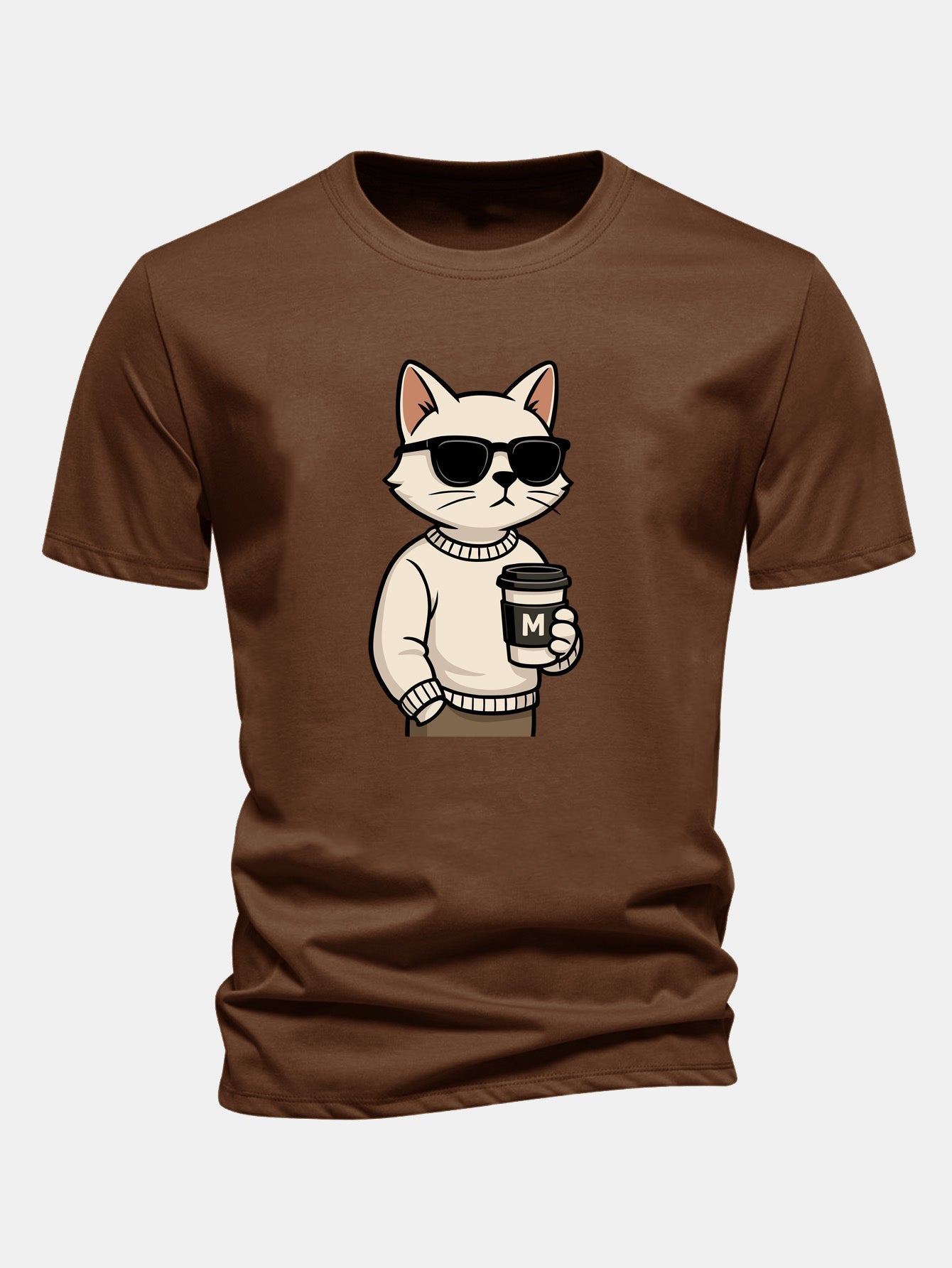 Regular Fit Cat Drinking Coffee Print Cotton T-Shirt