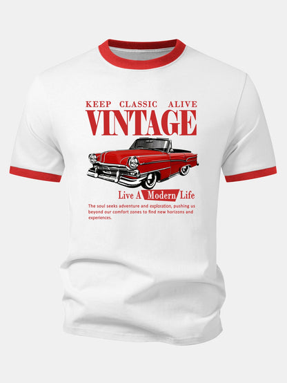 Vintage Car Print Contrast Ringer T-Shirt