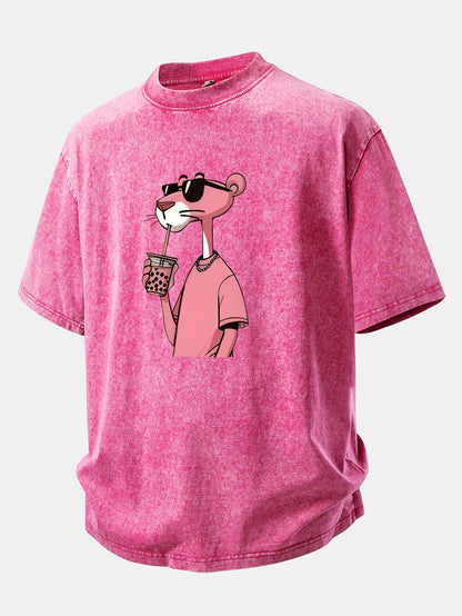Pink Panther Print Washed Distressed Drop Shoulder T-Shirt
