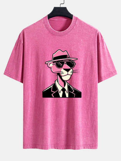 Pink Gentleman Panther Print Washed Distressed Drop Shoulder T-Shirt