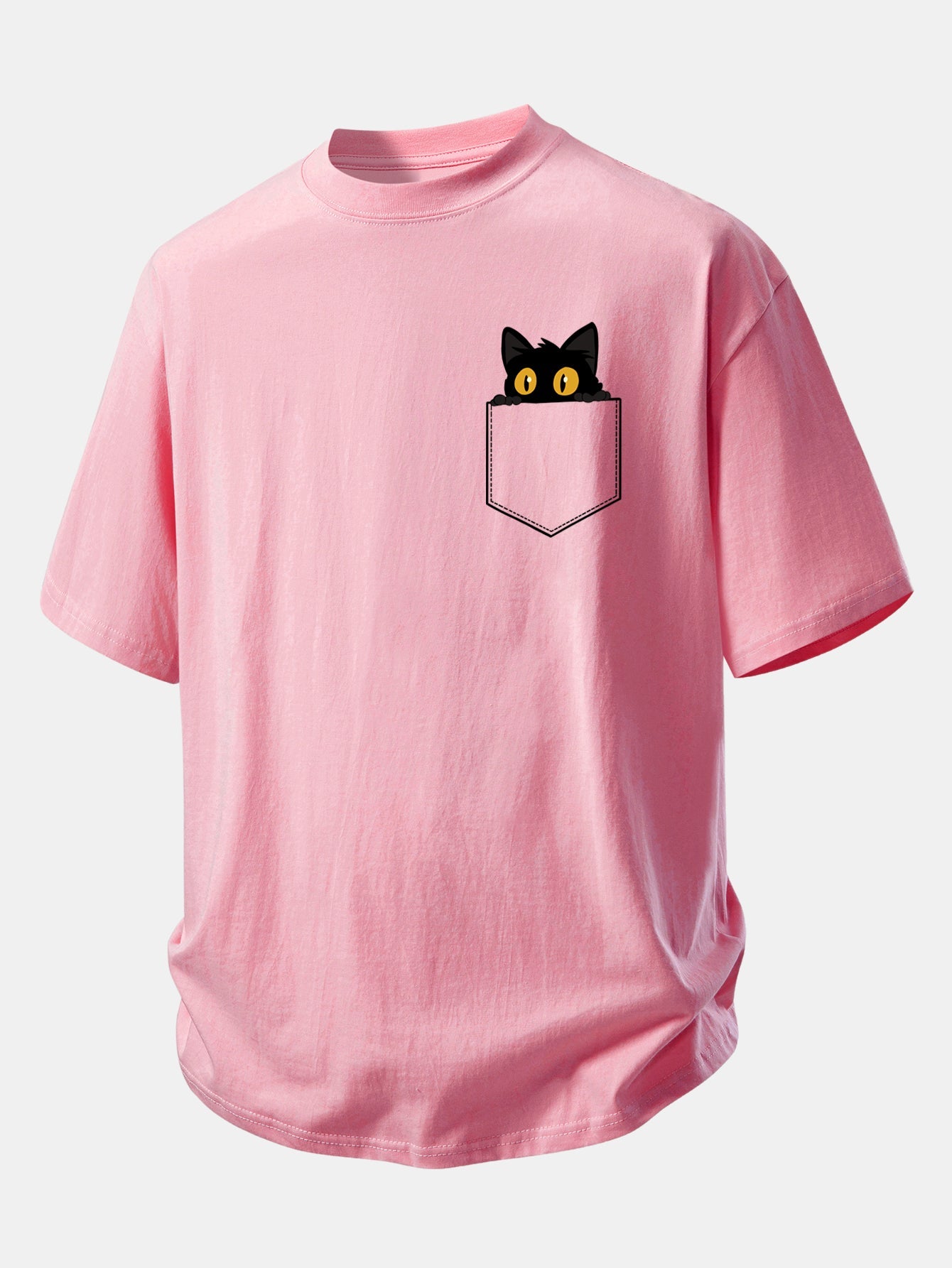 Relax Fit Pocket Black Cat Print Cotton T-Shirt