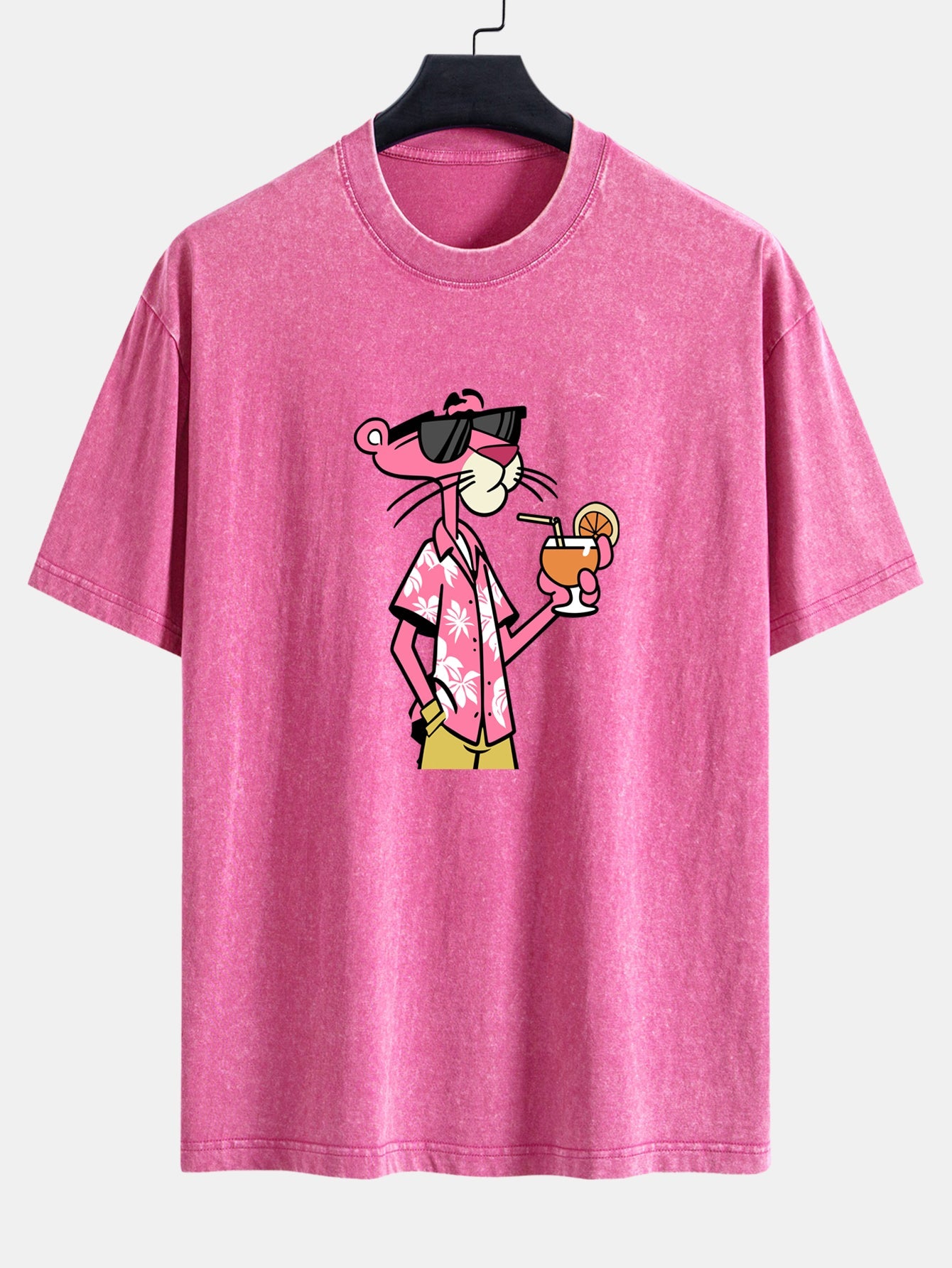 Vacation Pink Panther Print Washed Distressed Drop Shoulder T-Shirt