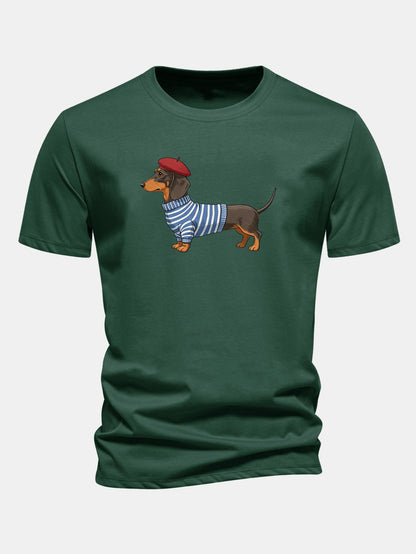 Regular Fit Dachshund Wearing Striped Sweater Print Cotton T-Shirt