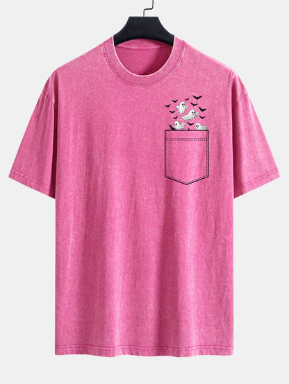Pocket Bat Ghost Print Washed Distressed Drop Shoulder T-Shirt