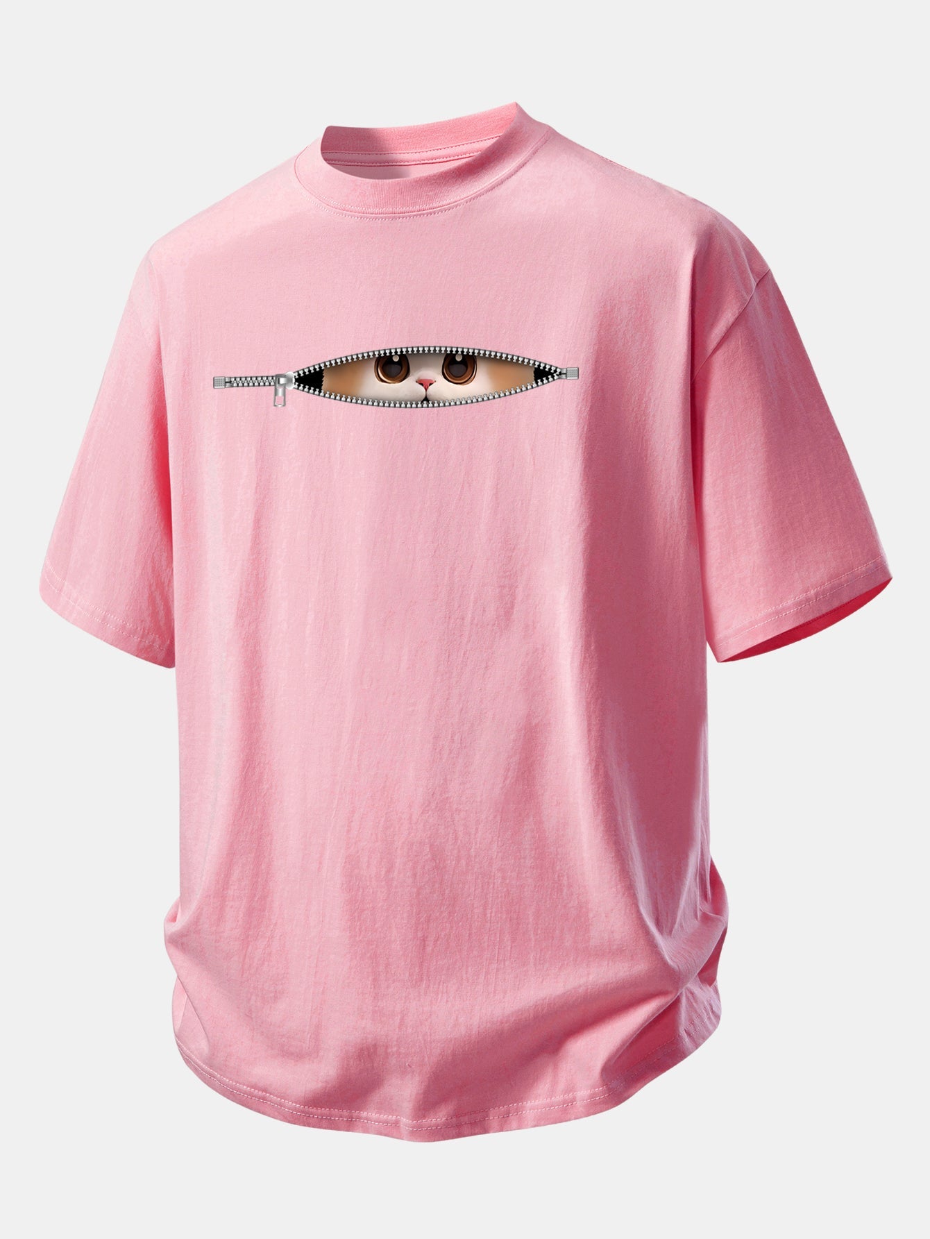Relax Fit Zipper Cat Print Cotton T-Shirt