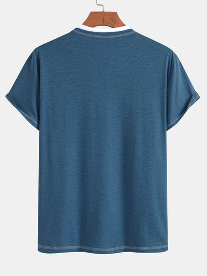 2-in-1 Notched Collar Contrast Stitching T-Shirt