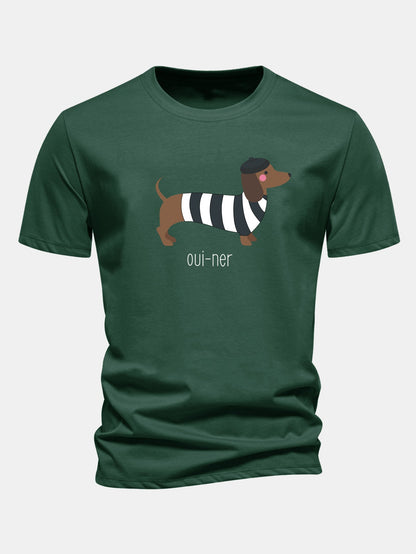 Regular Fit French Dachshund Print Cotton T-Shirt