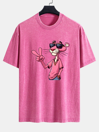 Pink Panther With V Sign Print Washed Distressed Drop Shoulder T-Shirt