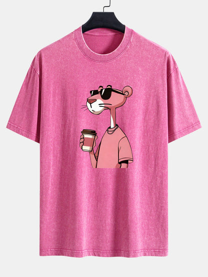 Pink Panther Drinking Coffee Print Washed Distressed Drop Shoulder T-Shirt