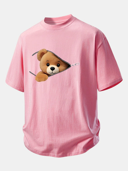 Relax Fit Zipper Bear Print Cotton T-Shirt
