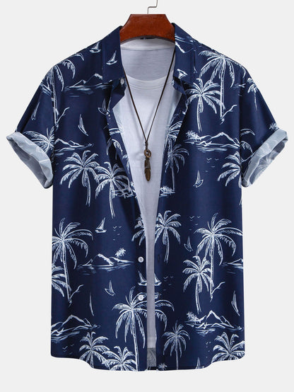 Palm Tree Island Print Button Up Shirt